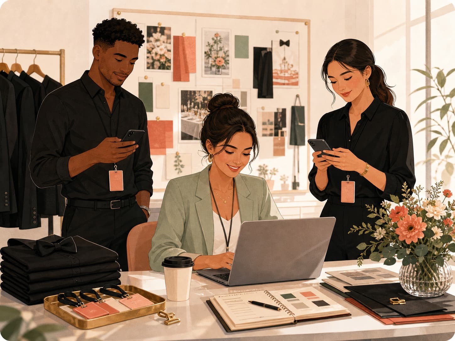 Illustration of a coordinator preparing an event staffing roster with talent