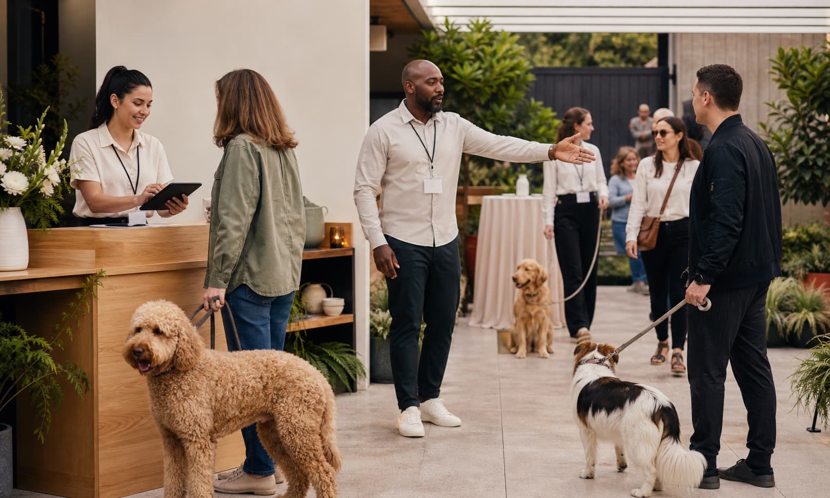 Event professionals welcoming guests and their dogs at a staffed community event