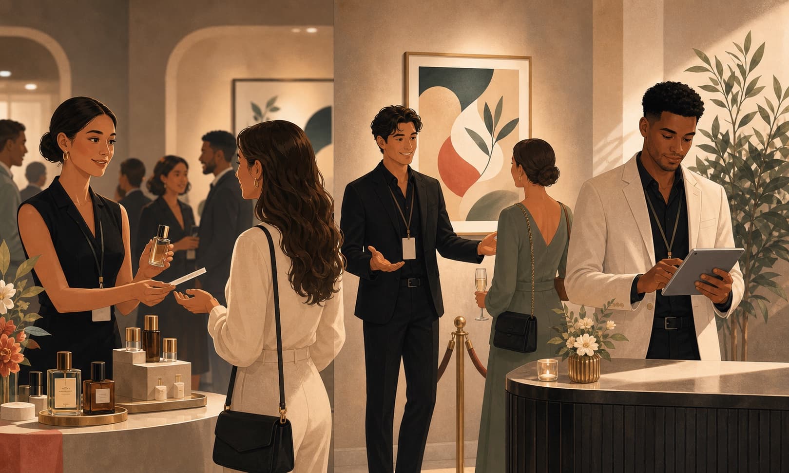 Illustration of brand ambassadors, gallery hosts, and check-in leads working an event