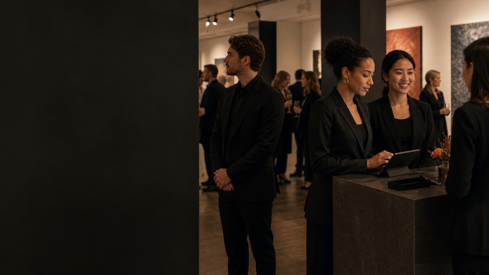 Event hosts welcoming guests and managing check-in at a contemporary gallery reception