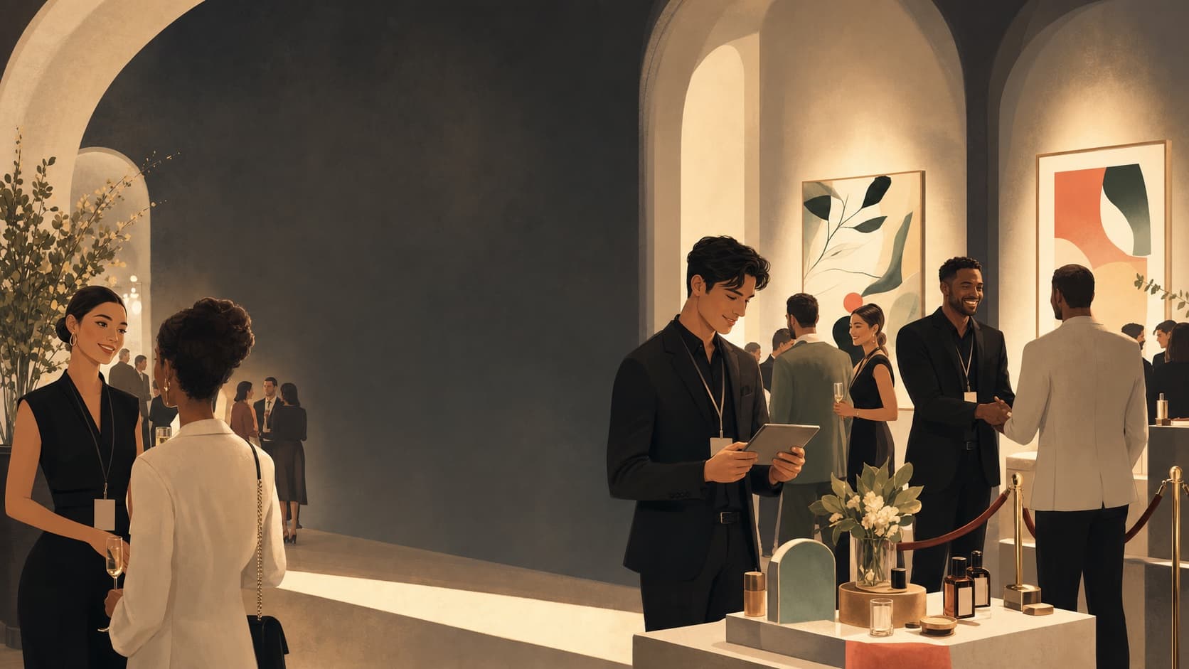 Illustration of polished event staff welcoming guests at a gallery brand activation