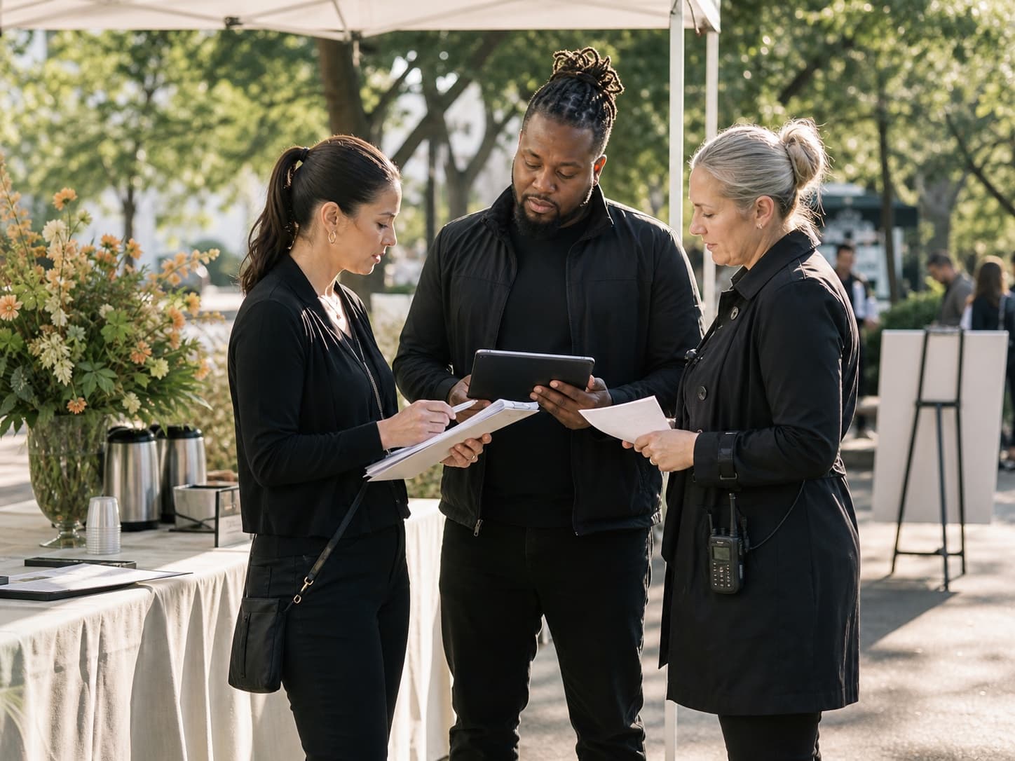 An event staffing team reviewing the morning plan at an outdoor event